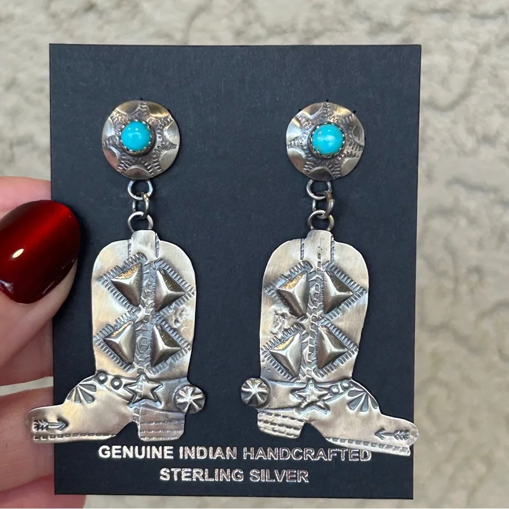 Tim Yazzie Signed Sterling Silver & Kingman Turquoise Boot Dangle Earrings